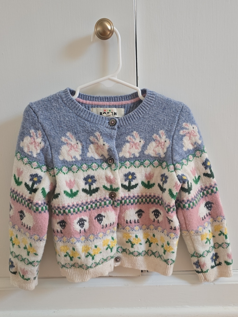 Mini Boden Pastel Bunny & Floral Knit Cardigan - Blue/Pink/Cream